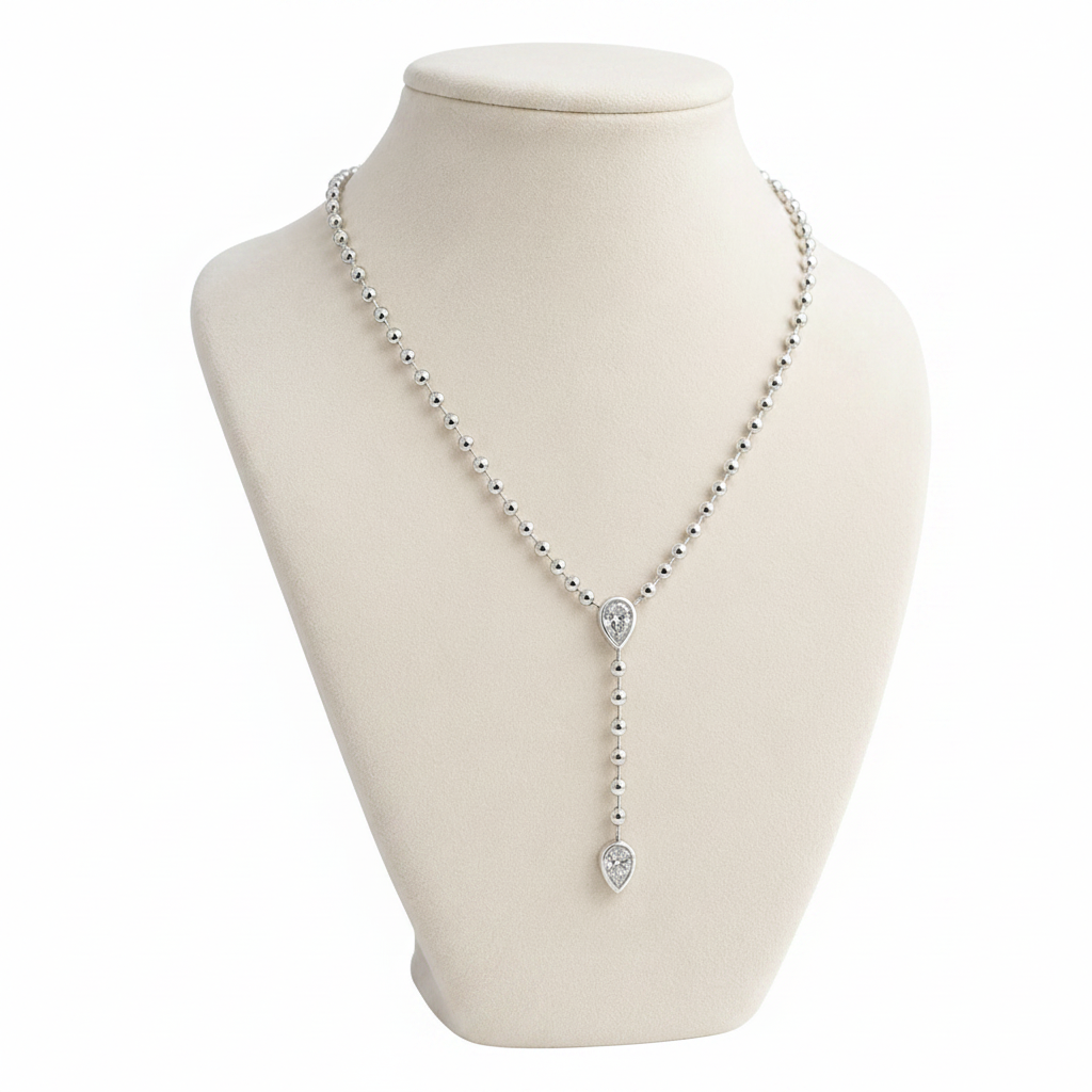 Silver Ellarie Pear Diamond Ball Chain Lariat