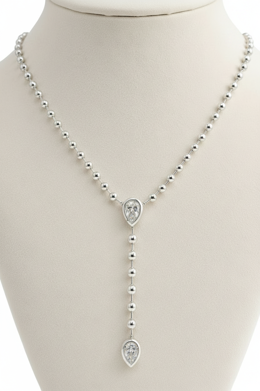 Silver Ellarie Pear Diamond Ball Chain Lariat