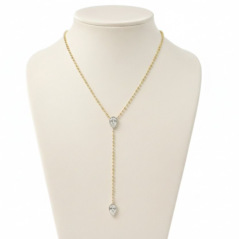 Gold Ellarie Pear Diamond Ball Chain Lariat
