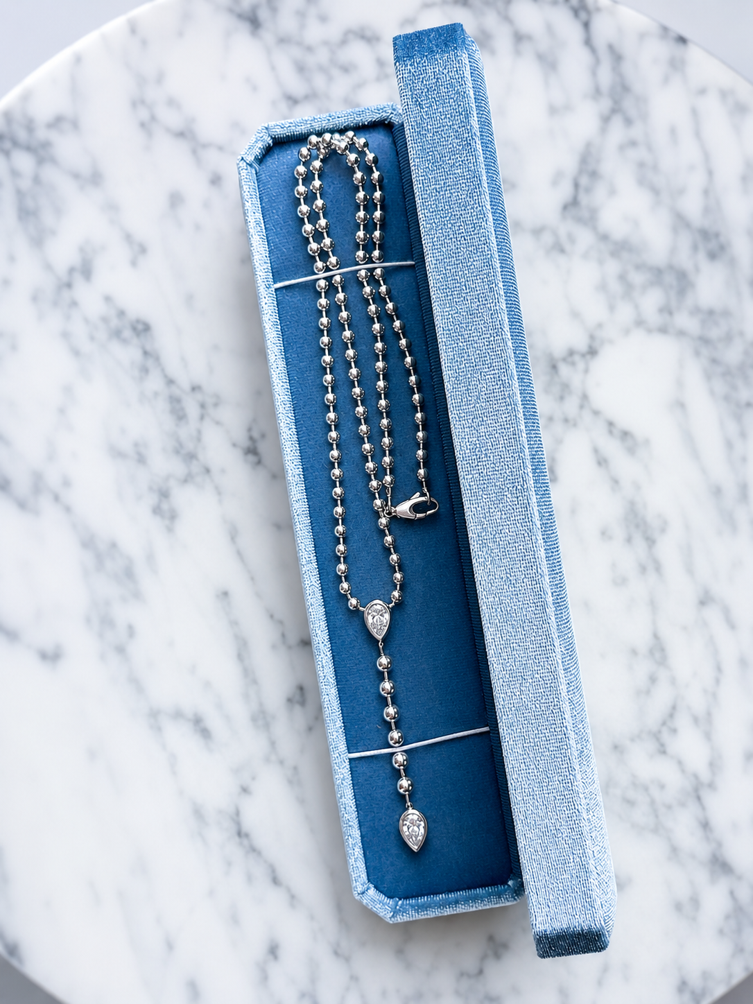Silver Ellarie Pear Diamond Ball Chain Lariat