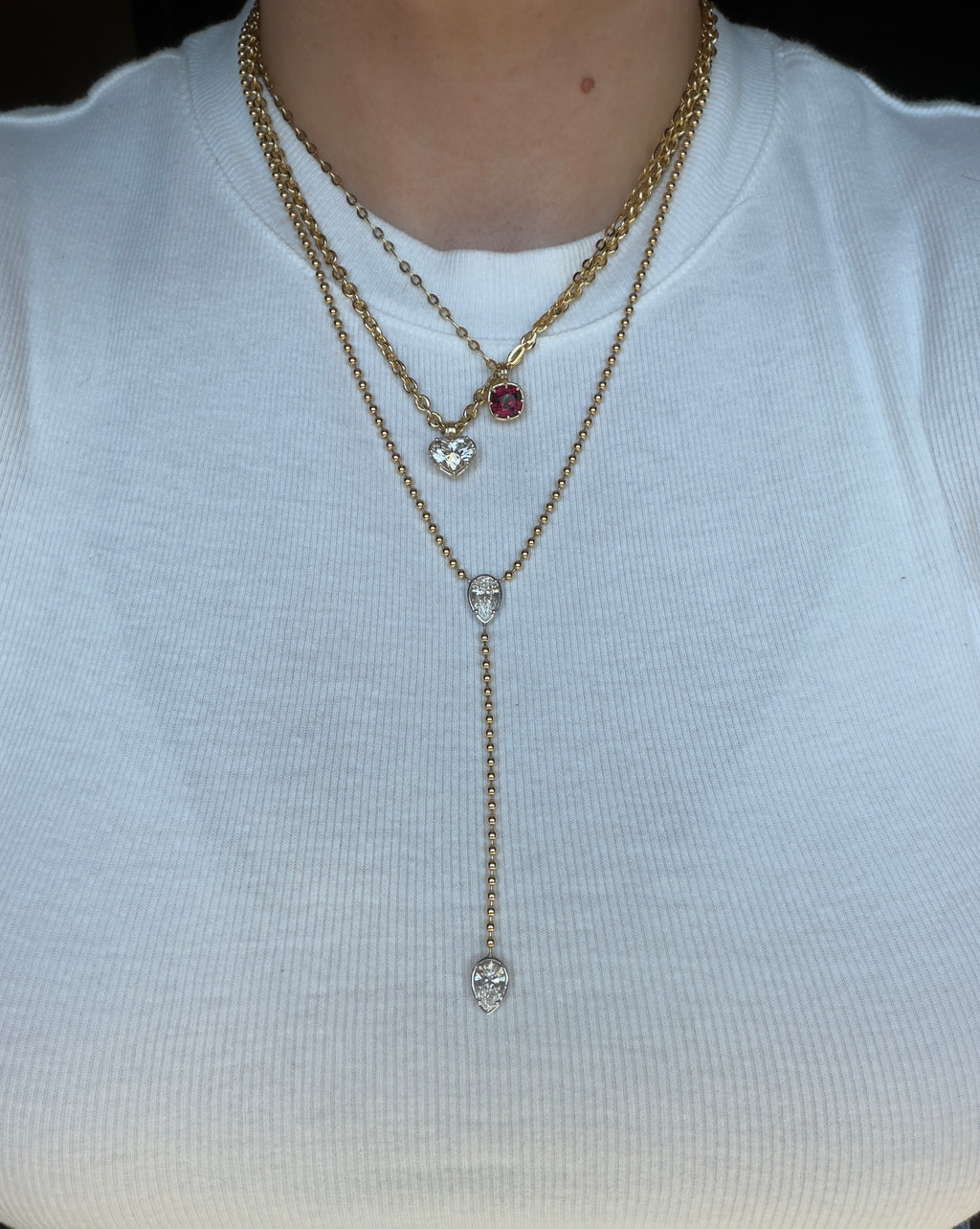 Gold Ellarie Pear Diamond Ball Chain Lariat