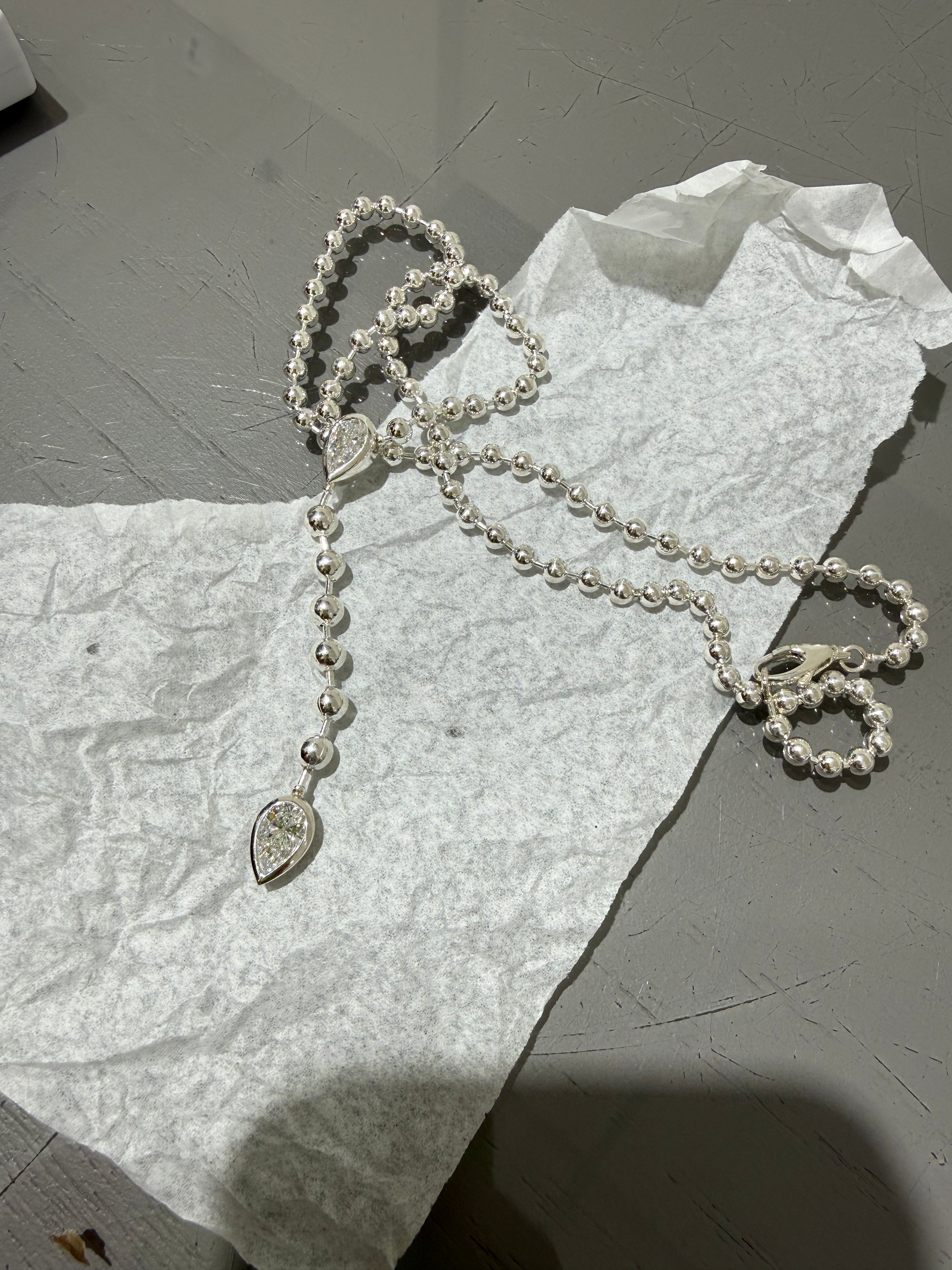 Silver Ellarie Pear Diamond Ball Chain Lariat