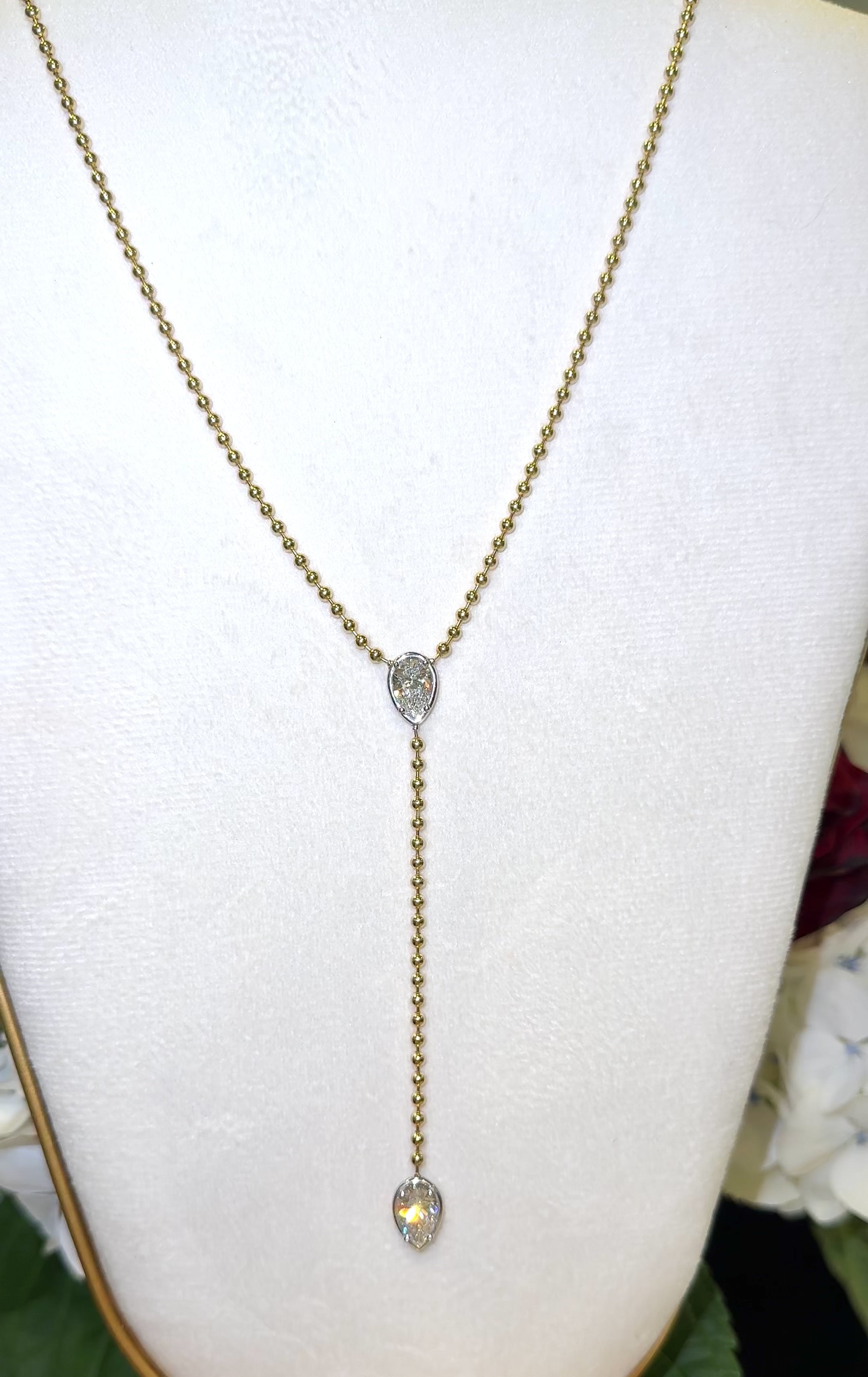 Gold Ellarie Pear Diamond Ball Chain Lariat