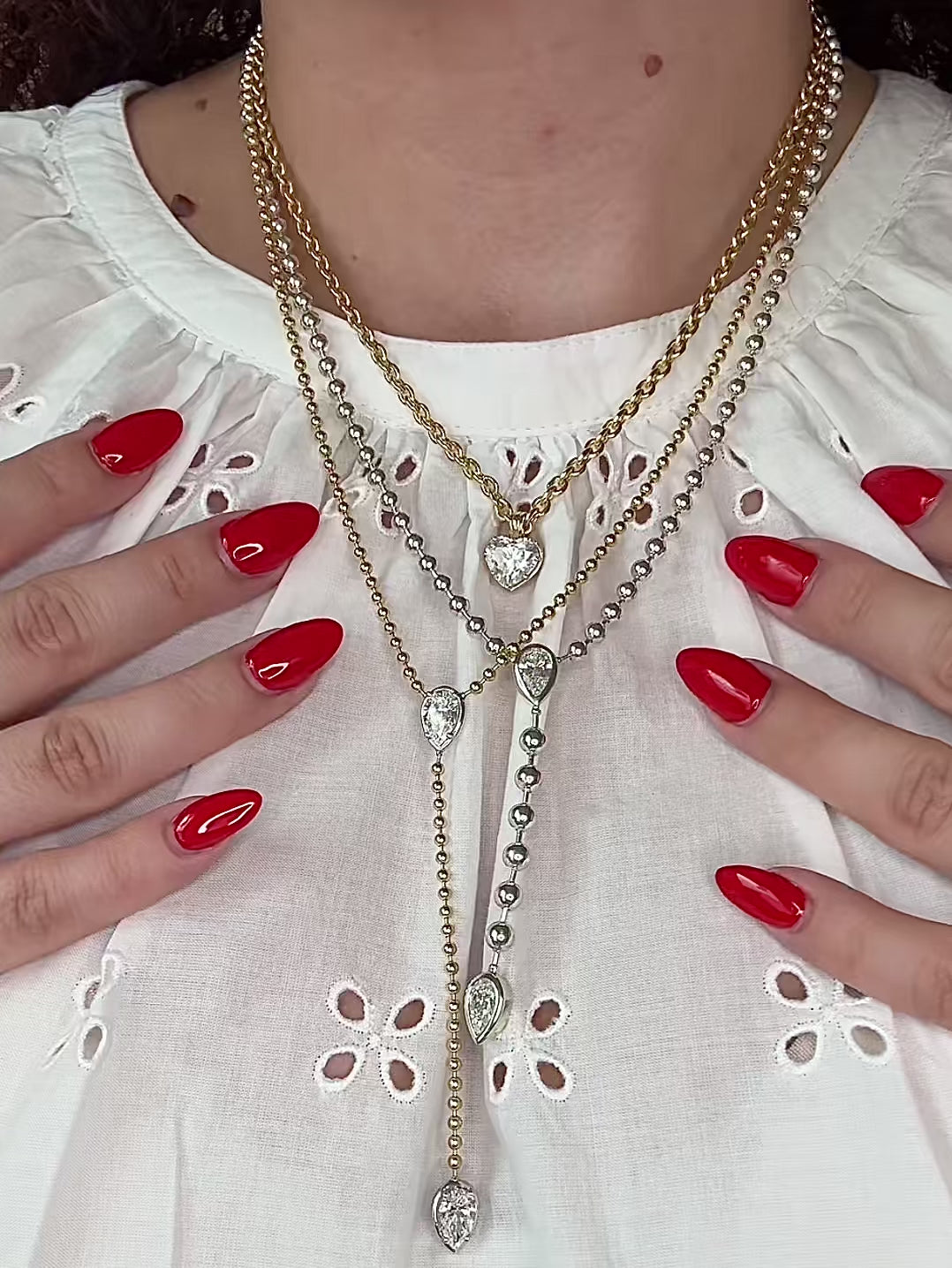Gold Ellarie Pear Diamond Ball Chain Lariat